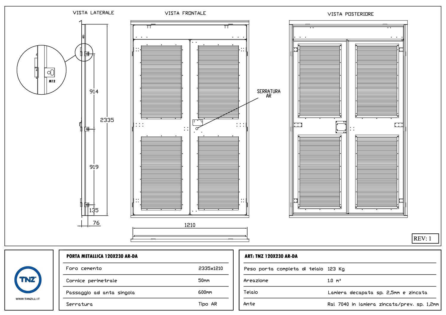 Porte Metalliche Doppia Areazione - TNZ 120X230 AR/DA